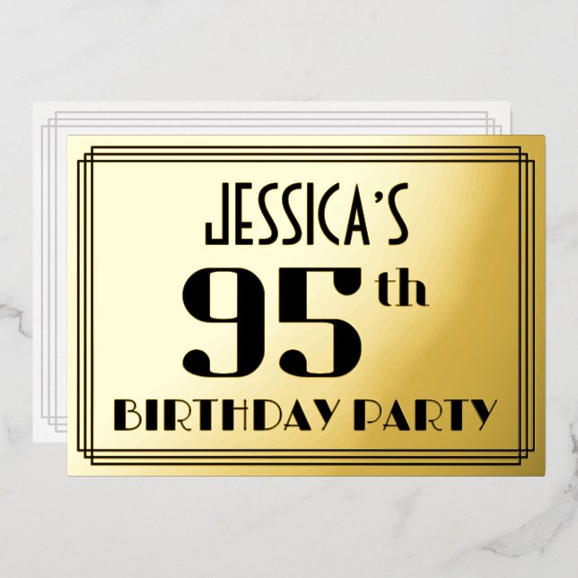 95th Birthday Party: Art Deco Look “95” and Name Foil Invitation (Front/Back)