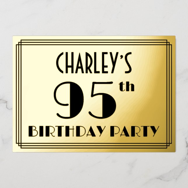 95th Birthday Party — Art Deco Look “95” + Name Foil Invitation (Front)