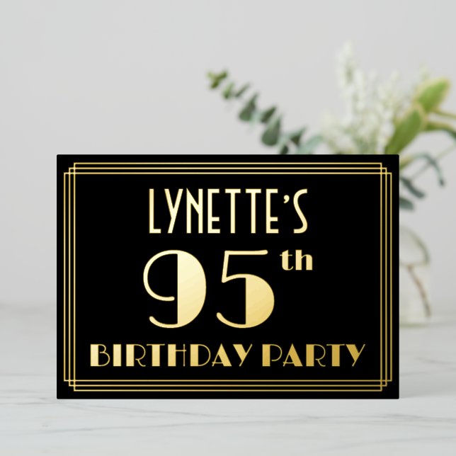 95th Birthday Party: Art Deco Look “95”, w/ Name Foil Invitation (Standing Front)