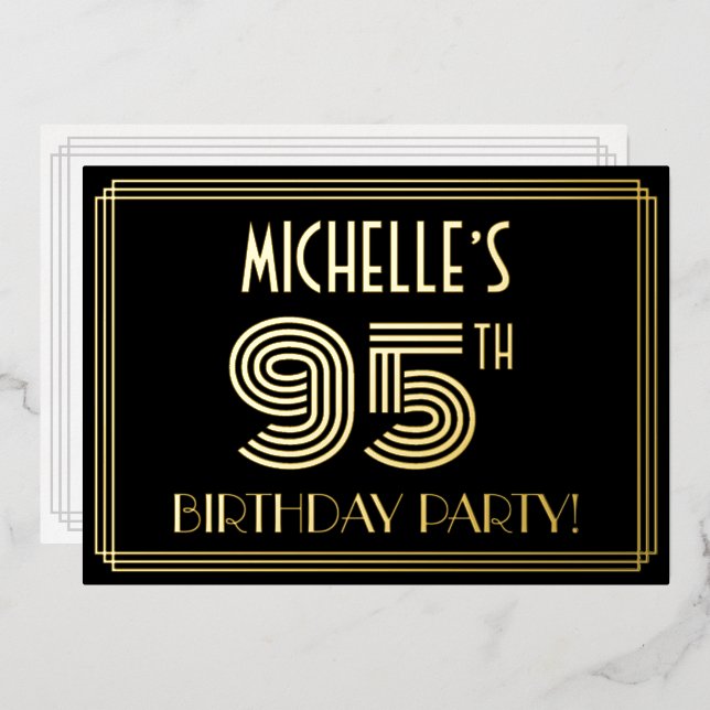 95th Birthday Party — Art Deco Style “95” + Name Foil Invitation (Front/Back)