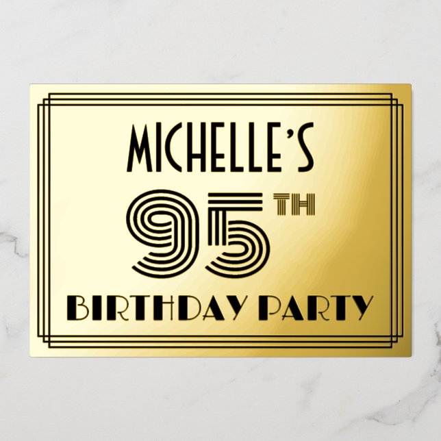 95th Birthday Party — Art Deco Style “95” & Name Foil Invitation (Front)