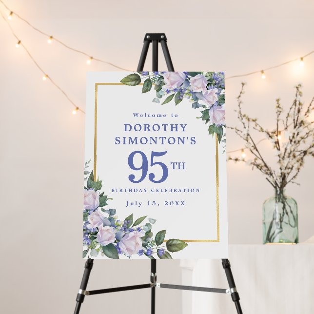 95th Birthday Party Blue White Floral Welcome Foam Board (In Situ (Stand))