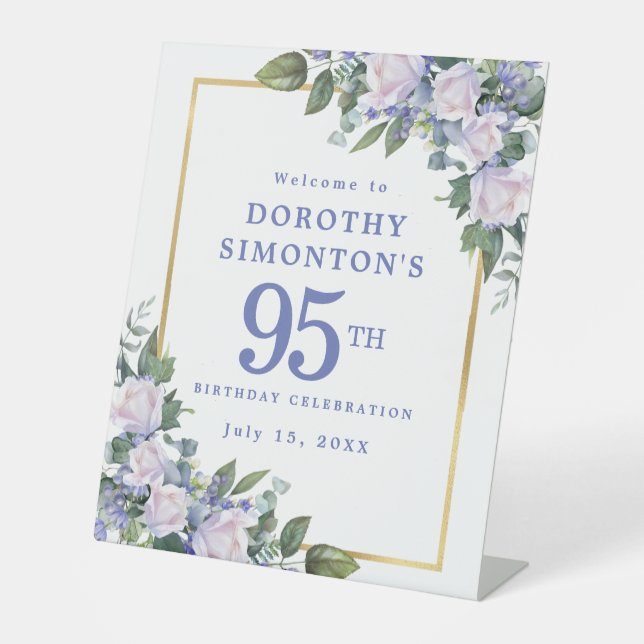 95th Birthday Party Blue White Floral Welcome Pedestal Sign (Front)