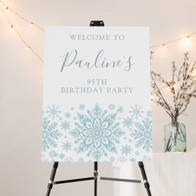 95th Birthday Party Blue White Snowflake Welcome  Foam Board (In Situ (Stand))