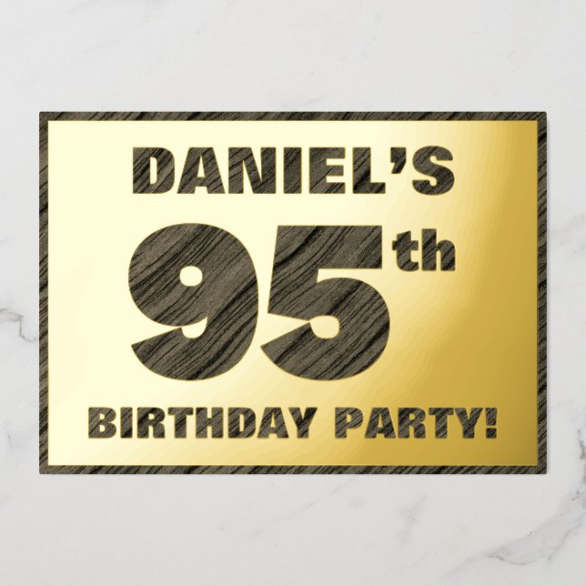 95th Birthday Party — Bold, Faux Wood Grain Text Foil Invitation (Front)