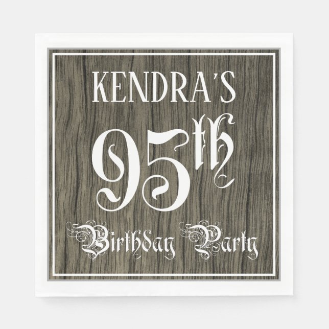 95th Birthday Party — Fancy Script, Faux Wood Look Napkins (Front)