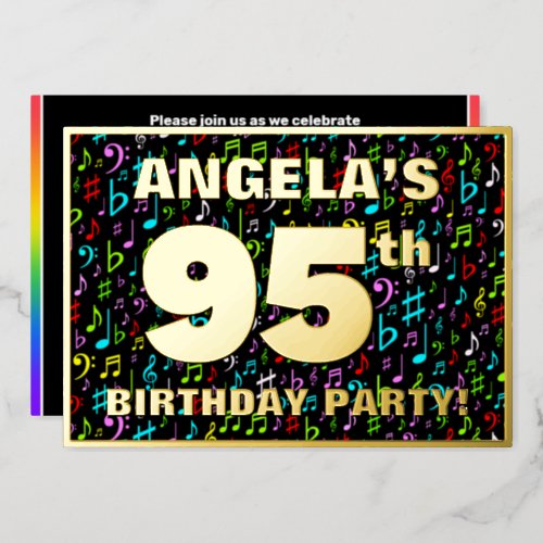 95th Birthday Party â Fun Colorful Music Symbols Foil Invitation