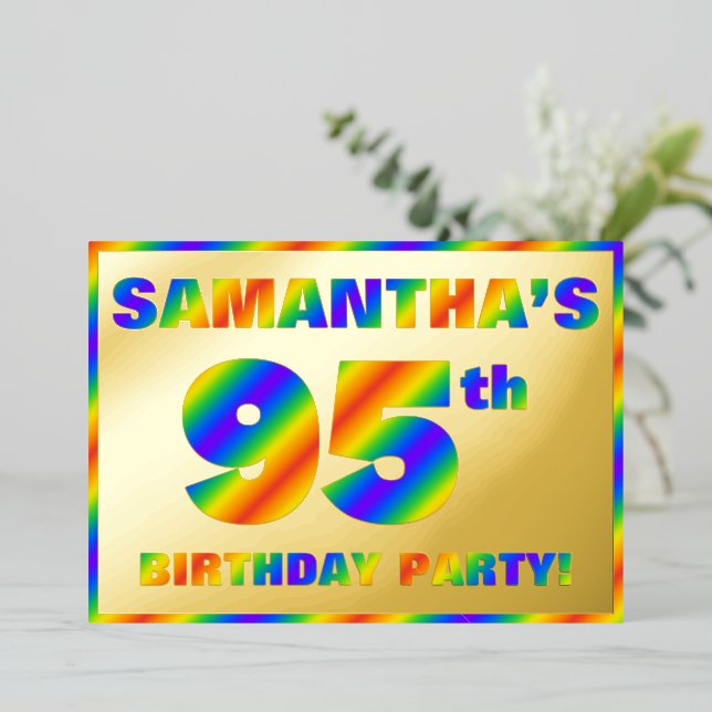 95th Birthday Party — Fun, Rainbow Spectrum “95” Foil Invitation (Standing Front)