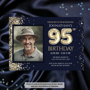 95th Birthday Party Gold Glitter Blue Photo Invitation