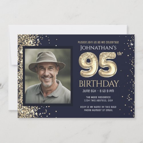 95th Birthday Party Gold Glitter Blue Photo Invitation