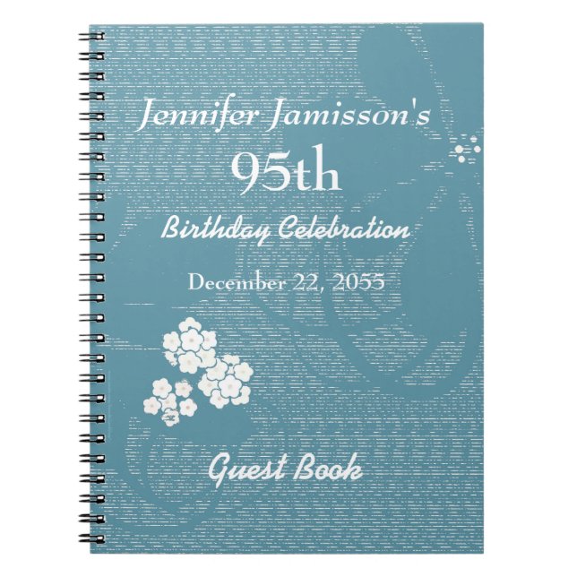 95th Birthday Party Guest Book Blue, White Floral (Front)