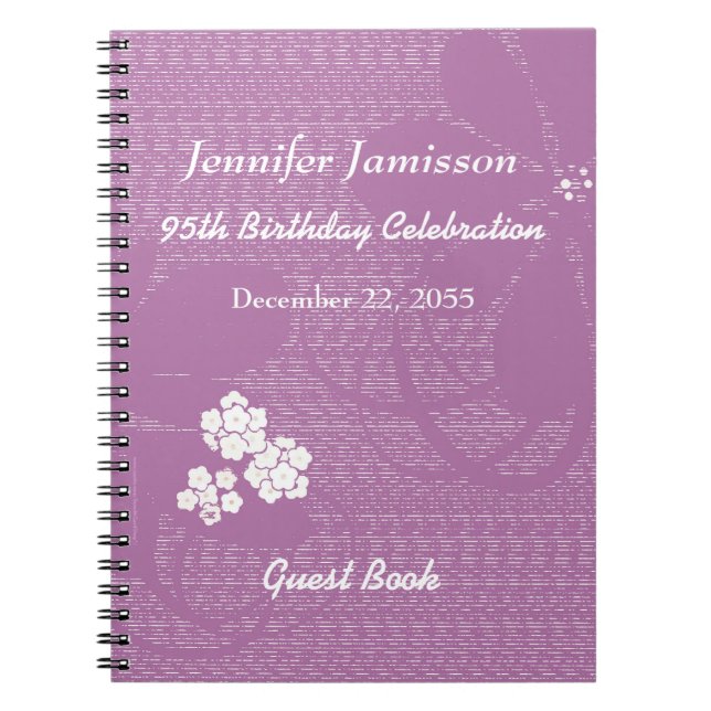 95th Birthday Party Guest Book Purple White Floral (Front)