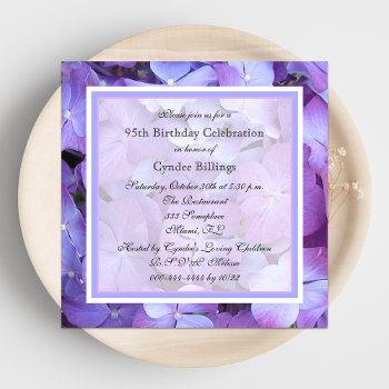 95th Birthday Party Invitation Purple Hydrangeas by henishouseofpaper at Zazzle