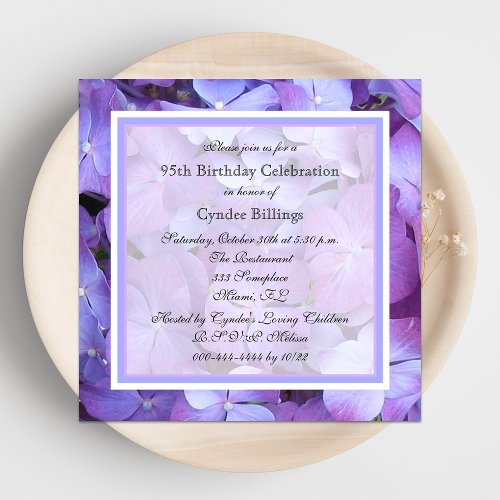 95th Birthday Party Invitation Purple Hydrangeas