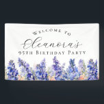 95th Birthday Party July Birth Flower Welcome Banner<br><div class="desc">Elegant summer watercolor blue larkspur flowers create a beautiful floral border at the bottom of this birthday party welcome banner,  larkspur or delphinium flowers are the July birth flower. A trendy font combination gives it a modern aesthetic. All of the text is editable.</div>