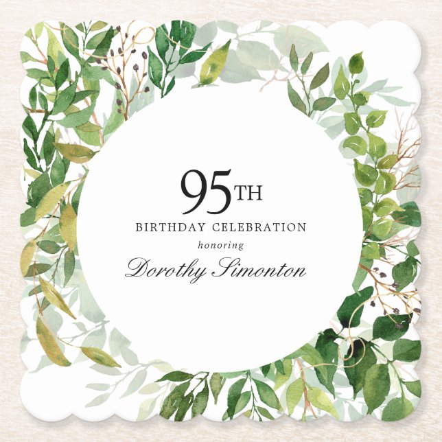 95th Birthday Party Modern Green Botanical Paper Coaster (Front)