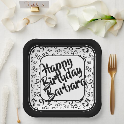 95th Birthday Party Number Pattern Black White Paper Plates