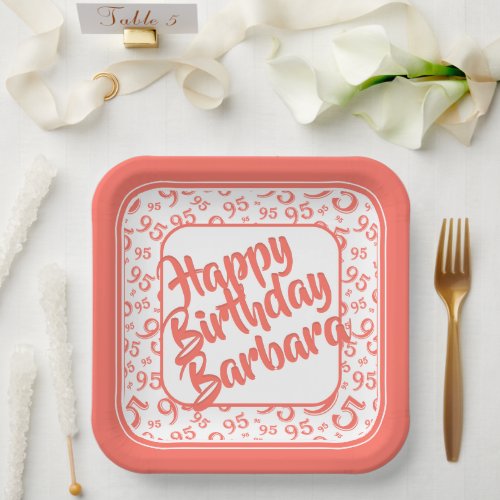 95th Birthday Party Number Pattern Coral White Paper Plates