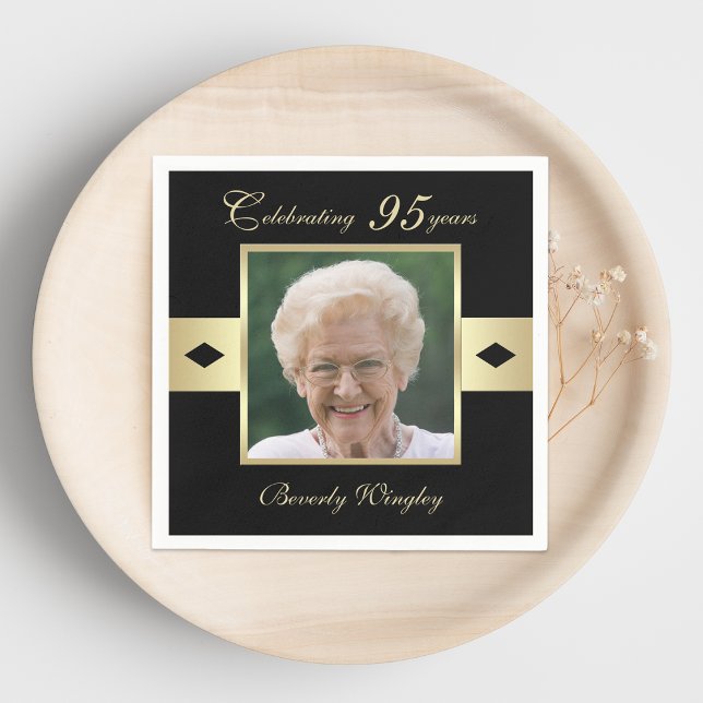 95th Birthday Party Photo on Black Paper Napkins (Creator Uploaded)