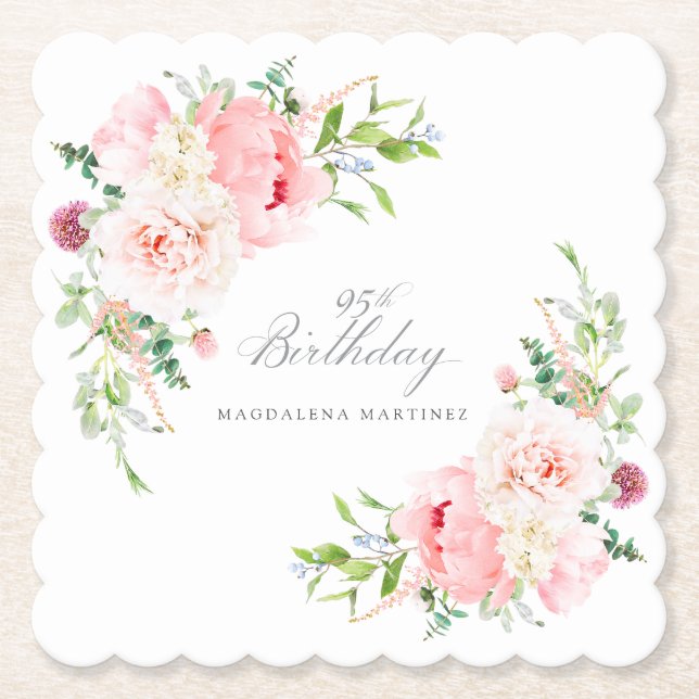 95th Birthday Party Pink Floral Custom Paper Coaster (Front)