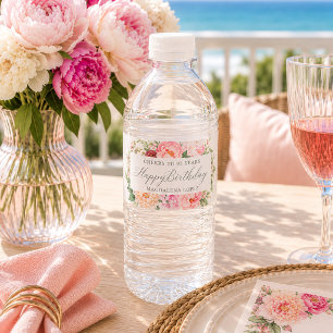 95th Birthday Party Pink Peony Floral Water Bottle Label