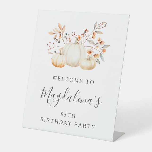 95th Birthday Party Pumpkin Fall Leaves Welcome Pedestal Sign (Front)