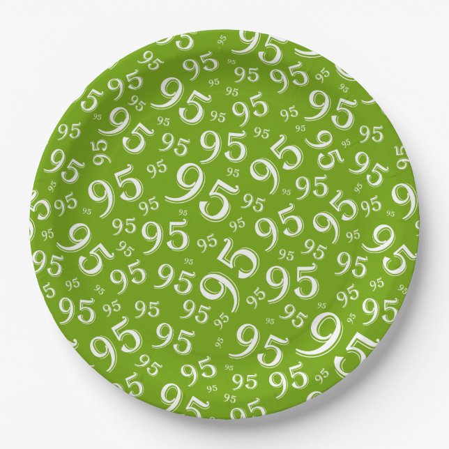 95th Birthday Party Random Number Pattern Green Paper Plates (Front)