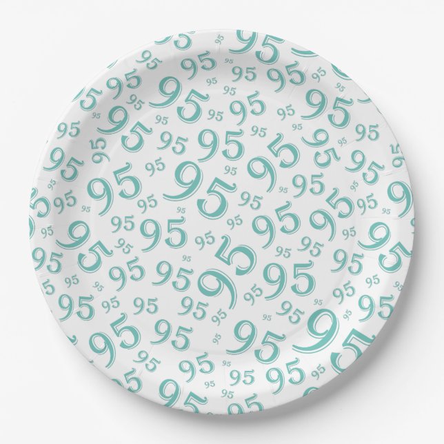 95th Birthday Party Random Number Pattern Teal Paper Plates (Front)