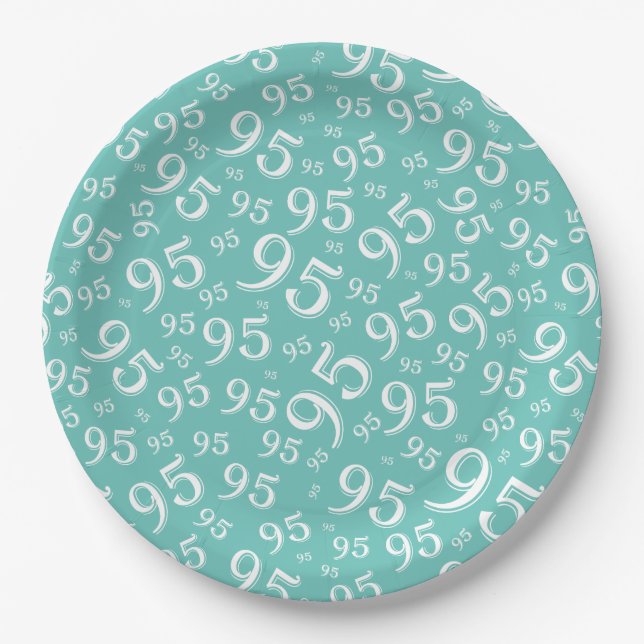 95th Birthday Party Random Number Pattern Teal Paper Plates (Front)