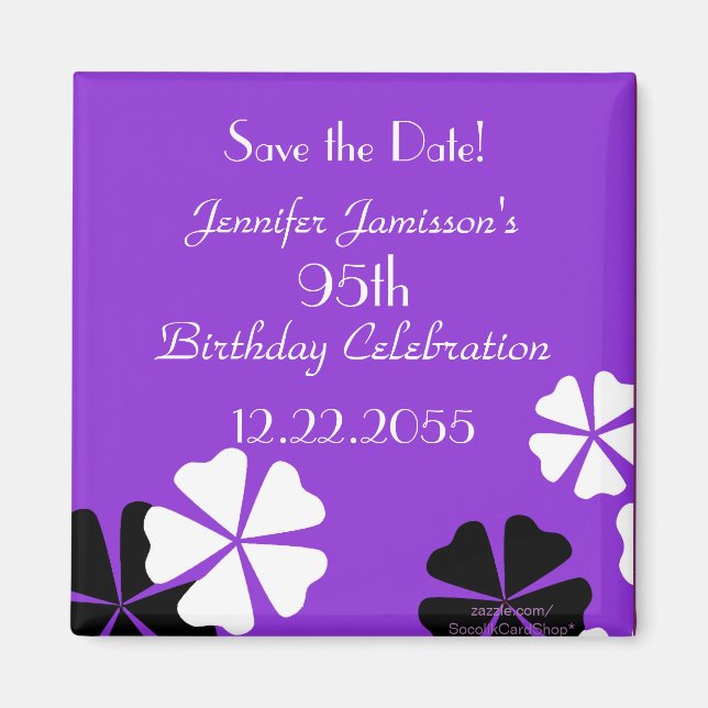 95th Birthday Party Save the Date Purple Floral Magnet (Front)