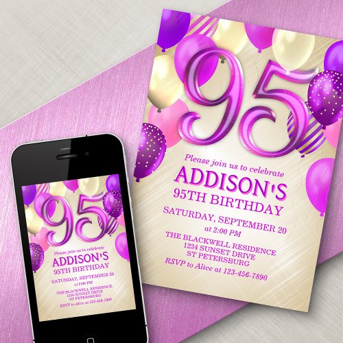 95th Birthday Pink Balloons Invitation