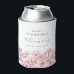 95th Birthday Pink Carnation January Birth Flower Can Cooler<br><div class="desc">Perfect table decor for a January birthday party. Carnation is the birth flower for that month. It forms a pretty watercolor floral bottom border on this festive personalized can cooler. The birthday celebrant's name,  age and birthdate are placed above it using elegant calligraphy and typography. All text is editable.</div>
