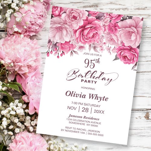 95th Birthday Pink Rose Floral Party Invitation