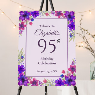 95th Birthday Purple Floral Welcome Sign