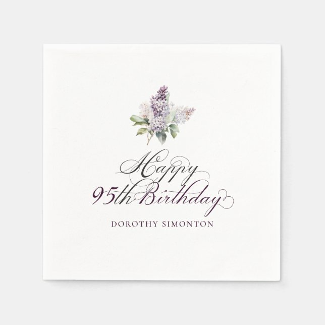 95th Birthday Purple Lilac Spring Flower Cocktail Napkins (Front)