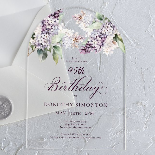 95th Birthday Purple Spring Lilac Flower Arch Acrylic Invitations (Creator Uploaded)