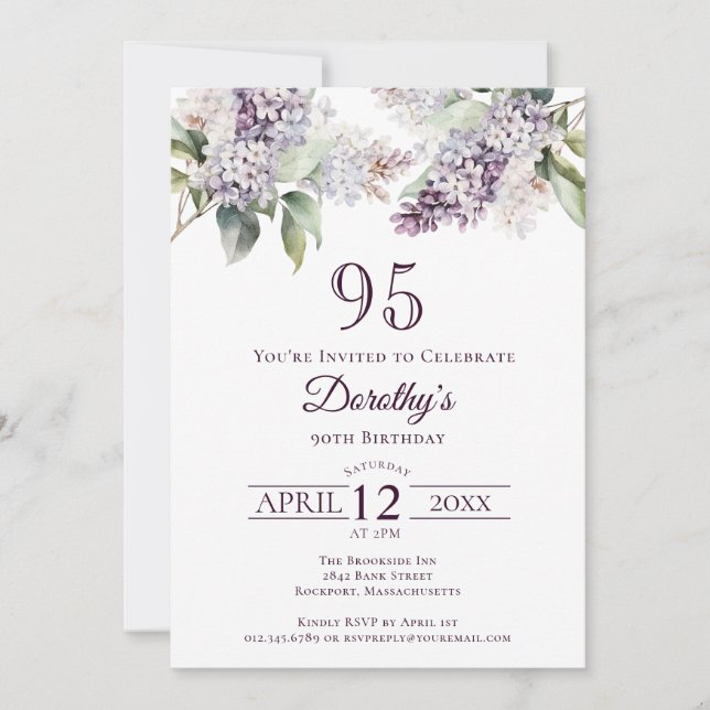 95th Birthday Purple Spring Lilac Flower Invitation (Front)