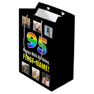 95th Birthday: Rainbow “95“, Custom Photos & Name Medium Gift Bag