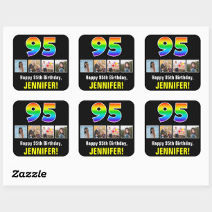 95th Birthday: Rainbow “95”; Custom Photos & Name Square Sticker