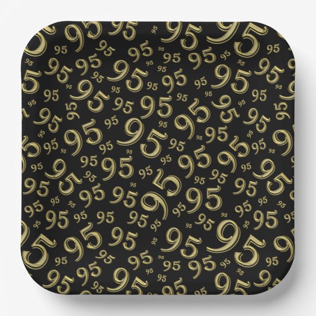 95th Birthday Random Number Pattern Black/Gold Paper Plates (Front)