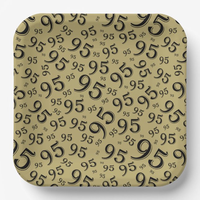 95th Birthday Random Number Pattern Black/Gold Paper Plates (Front)