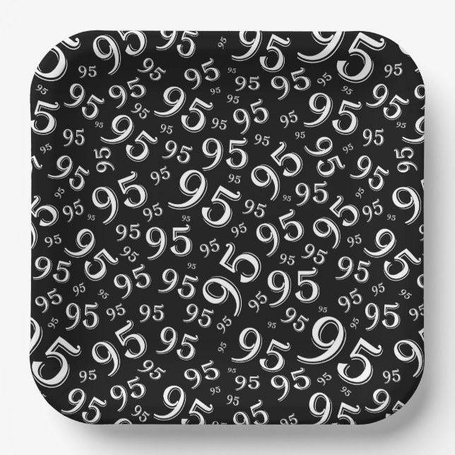 95th Birthday Random Number Pattern Black/White Paper Plates (Front)