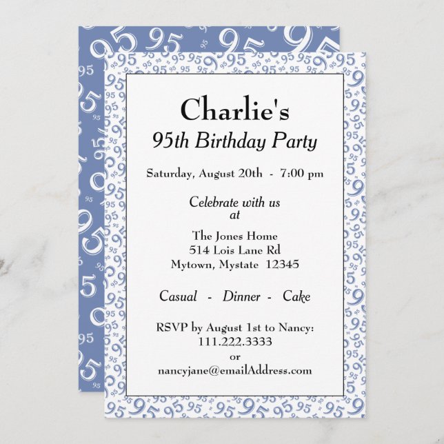 95th Birthday Random Number Pattern Blue/White Invitation (Front/Back)