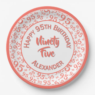 95th Birthday Random Number Pattern Coral/White Paper Plates