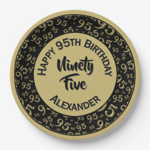95th Birthday Random Number Pattern Gold/Black Paper Plates