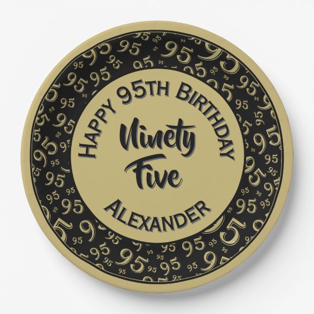 95th Birthday Random Number Pattern Gold/Black Paper Plates (Front)