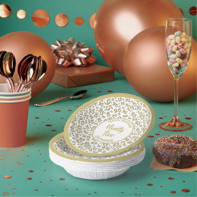 95th Birthday Random Number Pattern Gold/White Paper Bowls (Multi)
