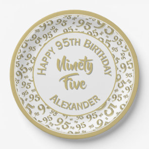 95th Birthday Random Number Pattern Gold/White Paper Plates