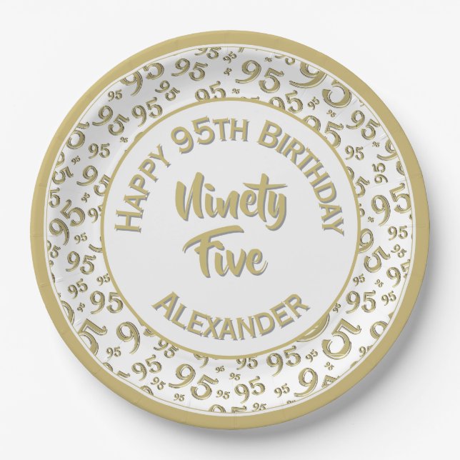 95th Birthday Random Number Pattern Gold/White Paper Plates (Front)
