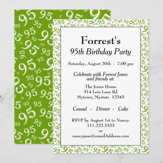 95th Birthday Random Number Pattern Green/White Invitation (Front/Back)